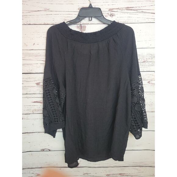 Cato Black Goth Crochet Smocked 3/4 Sleeve Boho Peasant Top Plus Size 18/20W - Picture 2 of 9